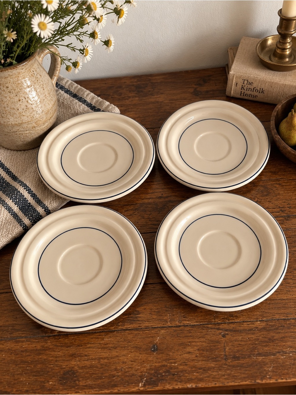 Cream Ceramic Tea Plates with Navy Accent